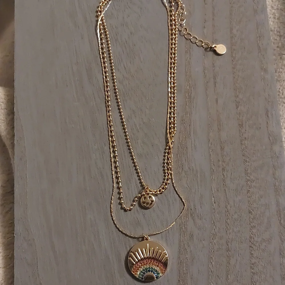 Gold Toned Three Strand Rainbow Smiley Face Ball Chain Necklace